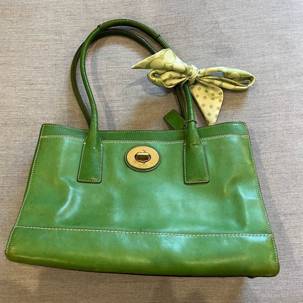 Coach Green Tote Bag with Scarf Accent
